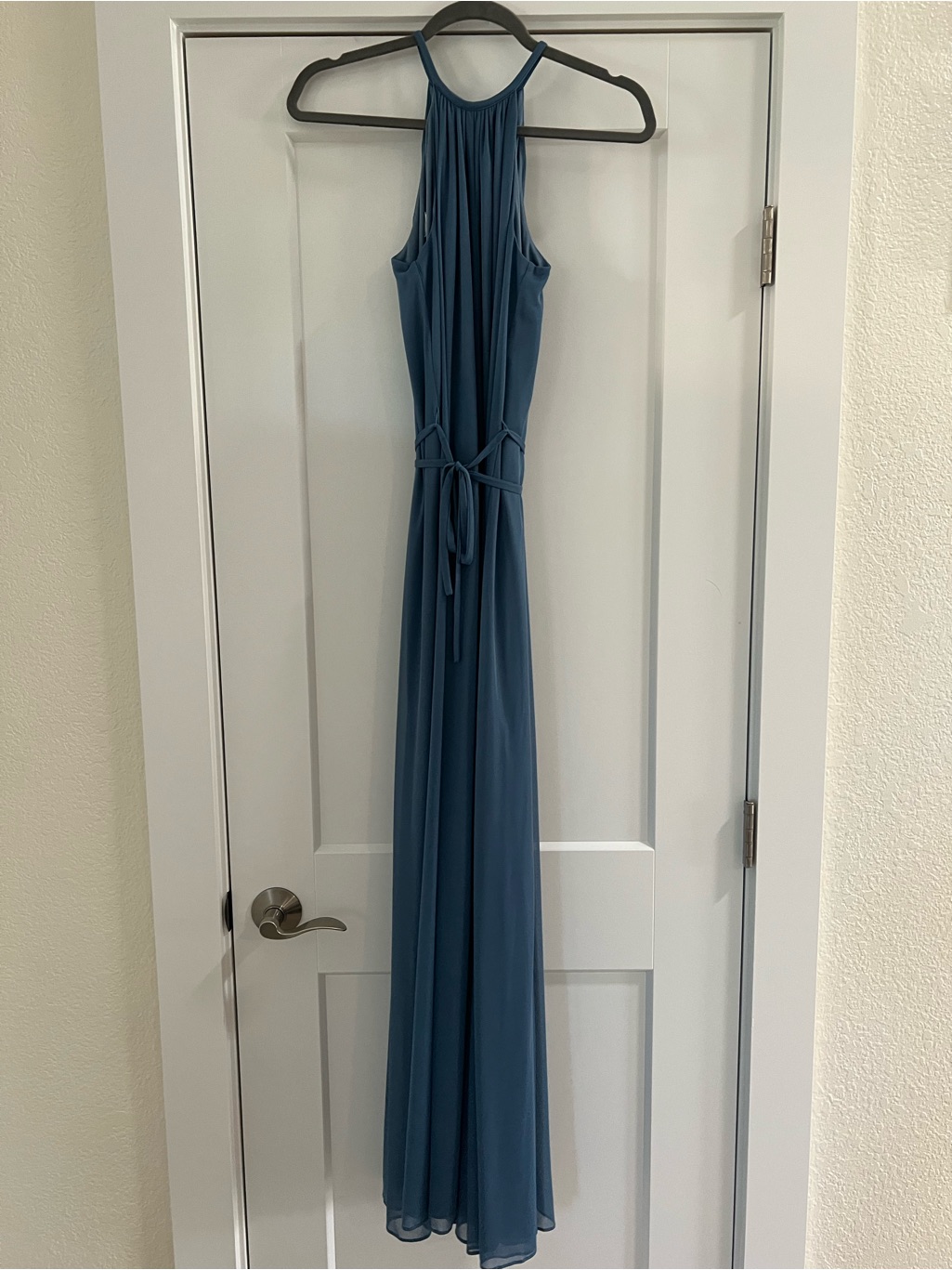 David's Bridal Teal-Blue Halter Maxi Dress With Waist Tie